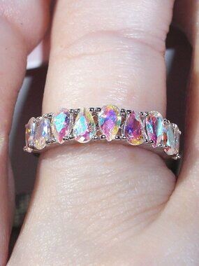 925 STERLING SILVER Aurora Borealis Cubic Zirconia Band Ring